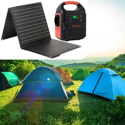 ideoon Mobiles Powerstation Set 88,8Wh mit Solarpanel 21W - Flexibles Powerstation Set für Camping & Outdoor: 88,8Wh Kapazität, 230V Steckdose und USB-C PD 65W. Ideal für den mobilen Einsatz, mit Schutzmechanismen und LED-Anzeige für zuverlässige Energieversorgung unterwegs.