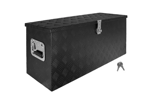 Trucky Deichselbox Schwarz - Werkzeugkasten aus Aluminium - Robuste Alubox (89 x 34 x 41 cm) mit abschließbarem Deckel für maximale Sicherheit. Ideal für Werkzeuge und Materialien, einfach zu montieren auf Anhängern oder im Garten.