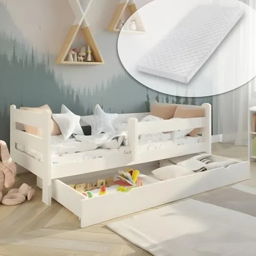 Kids Collective Kinderbett 80x160 cm mit Rausfallschutz und Schublade - Charmantes Kinderbett aus massivem Kiefernholz, ideal für moderne Kinderzimmer. Mit Sicherheitsbarrieren und zusätzlichem Stauraum – perfekt für selbstständige Kinder und einfache Montage.
