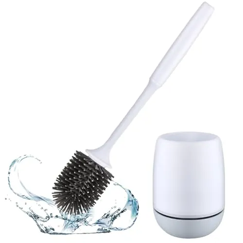 Toilettenbürste mit Sockel, Silikon Toilettenbürste Toilettenbürsten Set, Silikonborsten Nicht leicht zu zerkratzen, kann an der Wand montiert oder auf dem Boden aufgestellt Werden (1er Pack) Weiß