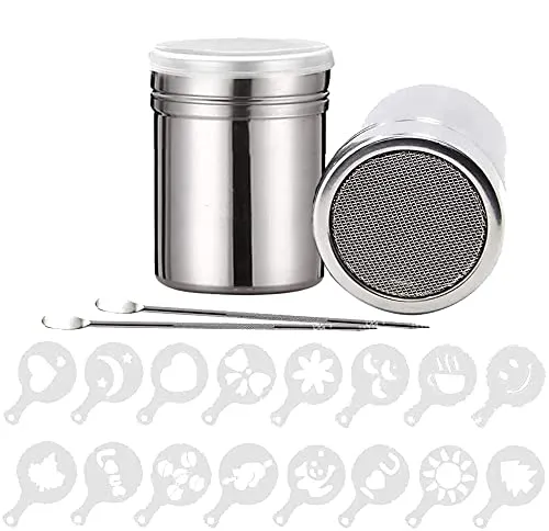 2Pcs Edelstahl Pulverstreuer, BetterJonny Schokoladenstreuer Kakaostreuer mit feinmaschigem Deckel 16Pcs Kaffee Cappuccino Schablonen 2Pcs Barista Stift für Cappuccino Milchschaum Heiße Schokolade