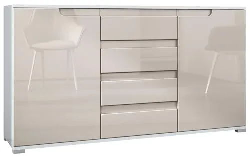 Sideboard Sylt V1, Kommode mit 2 Türen und 4 Schubladen, Korpus - Weiß matt/Front - Sandgrau Hochglanz/Absetzung - Weiß Hochglanz (138,5 x 75,5 x 35 cm)