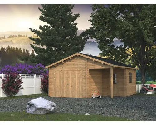 Einzelgarage Palmako Roger 21,9+5,2 m² mit Holztor - Hochwertige Holzgarage mit Satteldach und brauner Farbe, ideal für die sichere Unterbringung Ihres Fahrzeugs und Gartengeräts.
