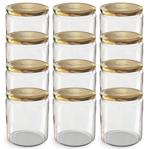 Oputec 12 x 405 ml Einmachgläser mit TO 82 Schraubdeckel Gold – Perfekt für Marmeladen, Konfitüren und mehr, große Gläser mit Deckel, ideal als Marmeladengläser und Schraubgläser