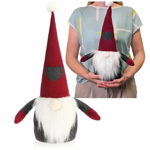 com-four® Wichtelfigur 40 cm - Dekoration für Regal, Fensterbank, Kamin - Stabiler nordischer Wichtel 1,4 kg - Skandinavische Wichtel Figur für Weihnachten (Wichtel - Herz auf roter Mütze)