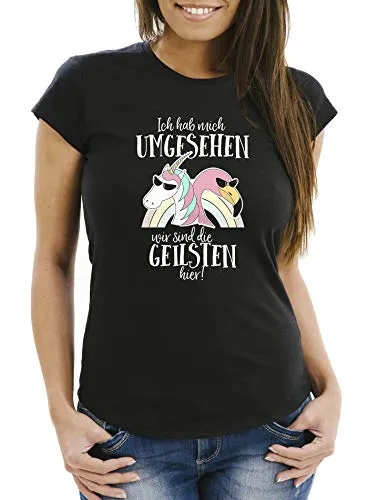 MoonWorks Damen T-Shirt Ich hab Mich umgesehen wir sind die geilsten Hier Flamingo Einhorn Slim Fit schwarz M