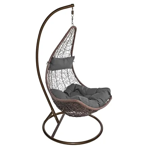 ESTEXO Hängesessel für eine Person mit Gestell - Wetterfester Polyrattan Hängekorb in Braun - Hängesessel aus wetterfestem Polyrattan mit stabilem Gestell und superbequemem Kissen. Ideal für entspannte Stunden im Garten oder auf der Terrasse.