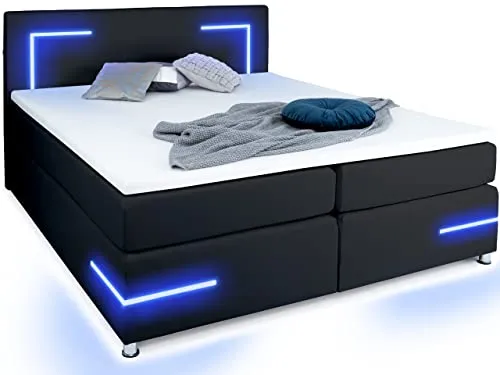 Boxspringbett 180x200 cm mit LED Beleuchtung - Modernes Boxspringbett mit LED-Beleuchtung in Schwarz, gepolstert und orthopädisch, ideal für Erwachsene und Jugendliche. Inklusive Wendematratze H2/H3 für optimalen Schlafkomfort.