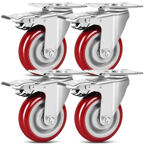 4er Set Schwerlastrollen mit Bremse, Transportrollen 75mm, Rollen Schwerlast Tragkraft 500kg, Industrierollen aus Vollgummi und Lautlose, Lenkrollen für innen und außen