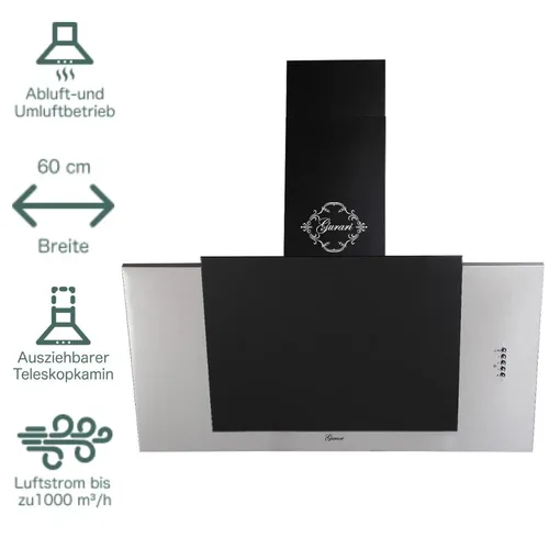 Gurari 482 IS Kopffreihaube 60cm – 1000m³/h, Edelstahl & Schwarzglas