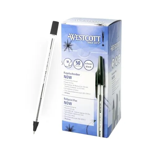Westcott Kugelschreiber NOW 50 Stück Schwarz | Dokumentenecht nach ISO 12757-2 | Strickstärke M 0,5mm | Schreibfarbe Schwarz | Transparenter Schaft | E-745001 00