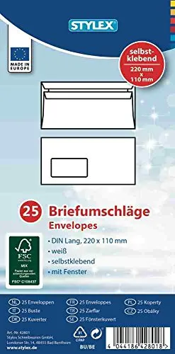 Stylex 25 Briefumschläge DIN lang mit Fenster selbstklebend Weiß