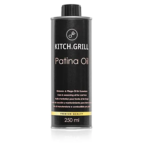 KitchGrill Einbrenn- und Pflegeöl |250 ml | Patinaöl für Gusseisenpfannen und - Töpfe, Grillroste, Grillplatten, Dutch Oven, etc. | Gusseisen, Schmiedeeisen, Einbrennöl, Pflegeöl