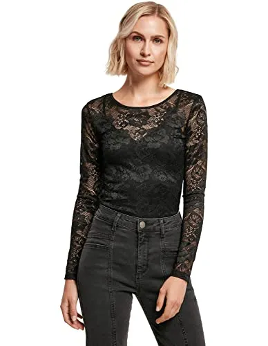 Urban Classics Damen Lace Longsleeve Body Shapewear - Schwarz, 5XL - Eleganter Langarm-Body aus transparenter Stretch-Spitze, ideal für einen trendigen Look. Slim Fit und breiter Rundhalsausschnitt sorgen für perfekten Sitz und Stil. Entdecken Sie mehr im URBAN CLASSICS Brand Store!