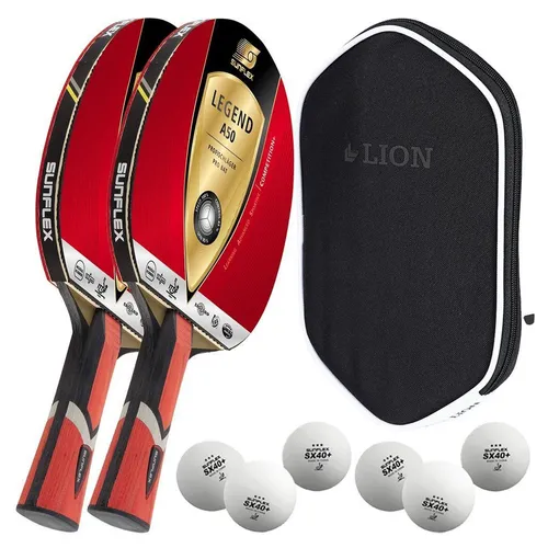 Sunflex® 2x Tischtennisschläger Legend A50 mit Hülle und 6x Bällen - Komplettschläger für Unisex Erwachsene, ideal für Allround-Spieler. Leichtes Gewicht von 190g und anatomischer Griff sorgen für höchsten Komfort und Spielvergnügen.
