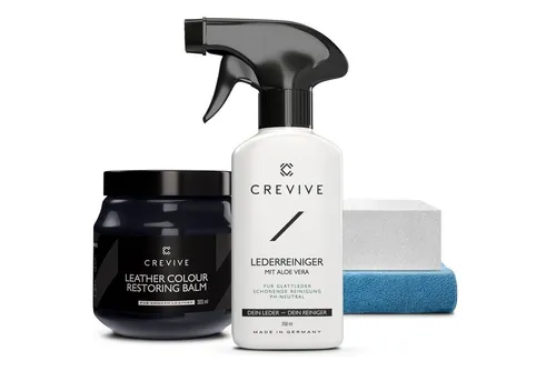 CREVIVE Lederpflegeset 4-teilig - Autopflege & Motorradpflege: Komplettes Set zur Lederreinigung und -pflege, inkl. 300 ml Lederbalsam und 250 ml Reiniger mit Aloe Vera für langanhaltende Frische und Schutz.