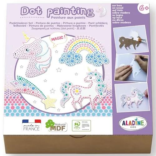 Aladine 3085482 Punktmalerei-Set, Einhorn, Bemalen von Holzformen, DIY Kreativset, Holz-Bastelset für Kinder ab 6 Jahren