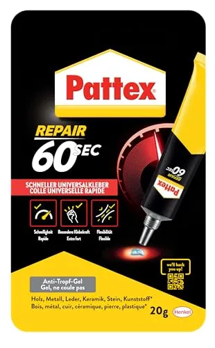 Pattex 60sec. Universalkleber, Alleskleber für Haushaltsreparaturen, schnell klebend in nur 60 Sekunden, starker Kleber für vielfältige Materialien, 1x20g Tube