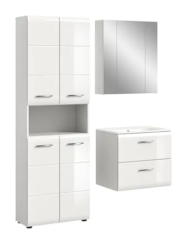 Ice Badmöbelset I55 Weiß Hochglanz 3-teilig - Elegante Badkombination mit Waschbecken, Hochschrank und Spiegelschrank. Hochwertige Melaminbeschichtung, moderner Look und großzügiger Stauraum für Ihr Badezimmer.