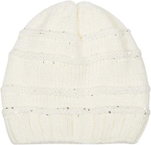 styleBREAKER Damen Strick Wintermütze mit Pailletten, Öffnung für Pferdeschwanz und Thermo-Fleece Futter, Beanie Mütze 04024177, Farbe:Creme-Beige