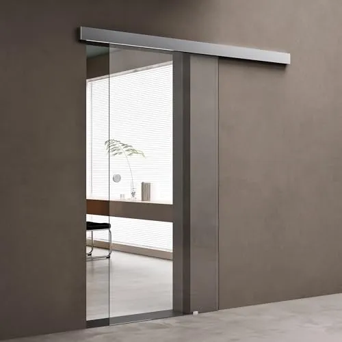 doporro Glasschiebetür Komplettset 77,5 x 205 cm | 15mm Wandabstand | Schiebetür mit ESG-Sicherheitsglas | Zimmertür Glas Klarglas mit Muschelgriff | Amalfi-plus 19