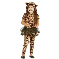 PartyXPeople Leoparden Kleid mit Leggings - Tierkostüm für Kinder - Kostüme für Kinder, bezauberndes Leoparden-Kleid mit Leggings und Kapuze, perfekt für Karneval oder Fasching, aus leichtem Pannesamt mit Glitzertüll für extra Glamour.