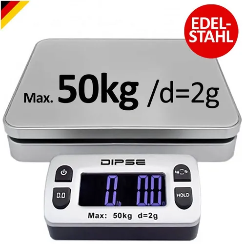 DIPSE Parcel Mini - Digitale Paketwaage mit 50 kg Kapazität - Briefwaage mit 50 kg Wägeleistung in 2g-Schritten, externem LC-Display und stabiler Edelstahl-Wiegeplattform für präzise Messungen von Paketen und Lebensmitteln.