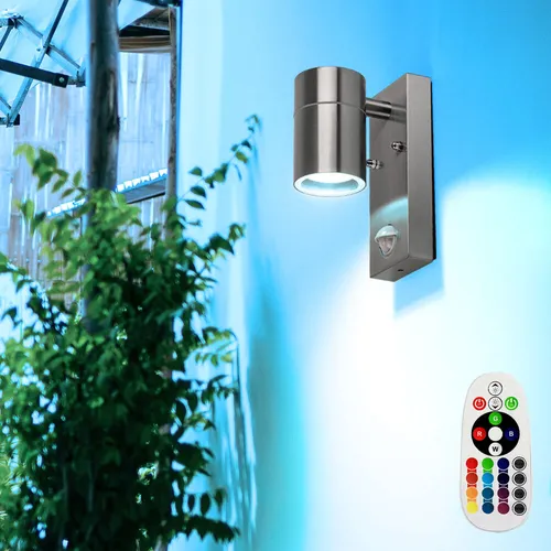 Moderne Edelstahl Außen Wand Leuchte mit Fernbedienung und Bewegungsmelder - Elegante Wandleuchte für Garten und Terrasse, IP44 Schutzart, dimmbar mit RGB LED Leuchtmittel für stimmungsvolle Beleuchtung und zusätzliche Sicherheit durch Bewegungsmelder.