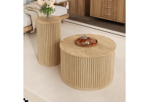 MODFU Couchtisch-Set 2-tlg. rund – Elegante Beistelltische in Naturholzoptik