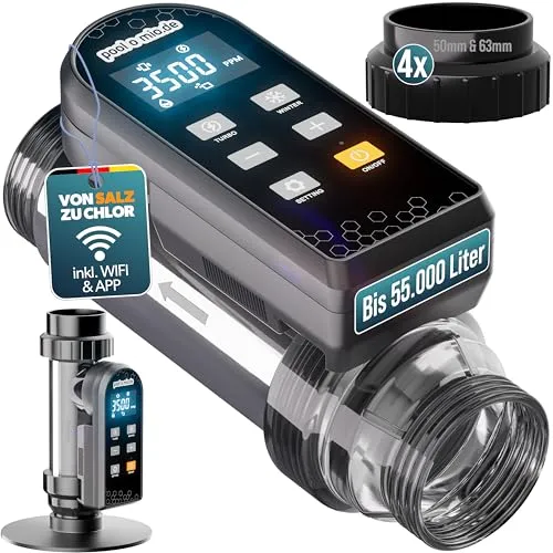 poolomio® Chlorinator für Pools bis 55.000L - Chlorersatz mit smarter App-Steuerung für chemiefreie Wasserpflege. Produziert 15g/h aktives Chlor aus Salz, ideal für empfindliche Haut und Allergiker.