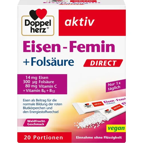 Doppelherz Eisen-Femin Direct Säckchen - 20 St. - Nahrungsergänzungsmittel für Damen, unterstützt die normale Produktion von roten Blutkörperchen und Hämoglobin, ideal für ein gesundes Herz-Kreislaufsystem.