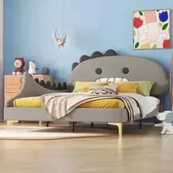 Flieks Polsterbett 140x200cm mit Dinosaurier-Kopfteil - Betten für Kinder, einzigartiges Dinosaurier-Design mit Rausfallschutz für sicheres Schlafen und einfach zu reinigende Kunstleder-Oberfläche.