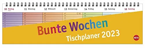 Bunte Wochen Wochenquerplaner 2023. Übersichtlicher Umklapp-Kalender 2023 mit farbig markierten Tagen. Tisch-Kalender für Schreibtisch.