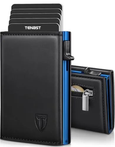 TENBST Geldbörse Herren, Slim Wallet mit Münzfach & RFID Schutz, Leder Portmonee, 8 Fächer für Kreditkarten, Kartenetui Herren - Blau-Schwarz