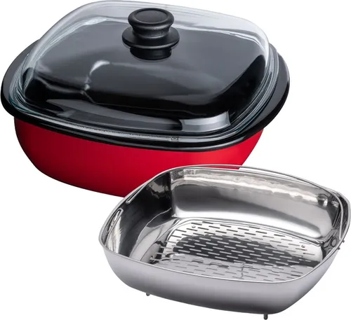 Riess Dampfgarer 3-teilig mit Glasdeckel, 28 x 28 cm, Color Rot - Hochwertiger 3-teilig Dampfgarer aus Emaille, ideal für energiesparendes Kochen. Inklusive Gareinsatz, hitzebeständig bis 450°C, geeignet für alle Herdarten.