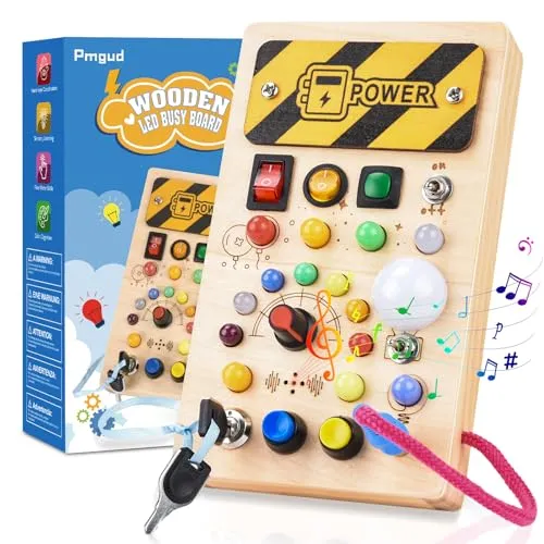 Pmgud Montessori Busy Board aus Holz für Kinder ab 1 2 3 Jahren | 8 Schalter • 15 LED-Lichter • 6 Musikmodi • Motorik fördern