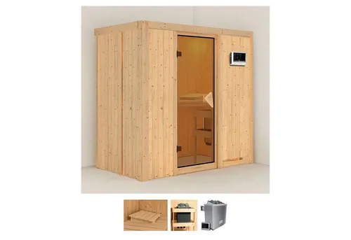 Karibu Sauna Vada - Entspannung pur in 196 x 118 x 198 cm - Innensauna mit 9 KW-Ofen und externer Steuerung, ideal für Gesundheit und Wohlbefinden. Perfekt zum Entspannen, fördert die Hautgesundheit und unterstützt den Stoffwechsel.