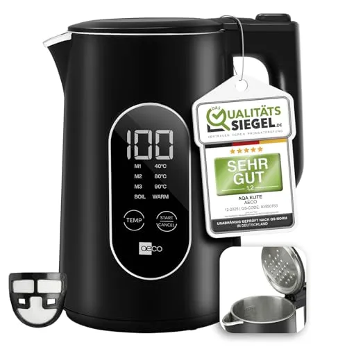 aeco AQA ELITE elektrischer Wasserkocher Edelstahl schwarz-matt mit Temperatureinstellung