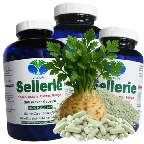 SELLERIE 1080 Kapseln (3x360) – 100% natürliche Zutaten für deine Ernährung - Entdecke die Kraft der SELLERIE in praktischen Kapseln! Ideal für eine bewusste Ernährung ohne Zusatzstoffe. Kombiniert Wurzel, Schale, Blätter und Stängel für eine natürliche Unterstützung deiner Verdauung.