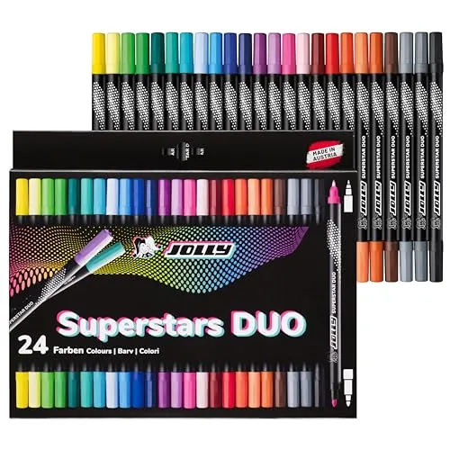 JOLLY Next Generation Superstars Duo Filzstifte, Hochwertige auswaschbare Fasermaler mit zwei Spitzen, Schreibspitze und dicke Spitze, Schwarzes Design, 24 Farben