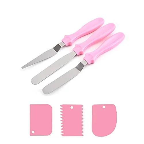 TSHAOUN 6 Stück Streichpalette Set inklusive 3 Stück Edelstahl Winkelpalette und 3 Stück Icing Smoother für Verteilen von Sahne, Backen von Kuchen und Kuchen Dekorieren (Rosa)