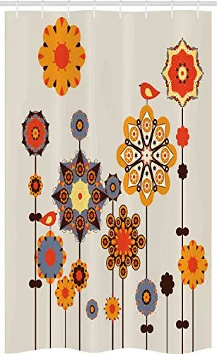 ABAKUHAUS Blumen Schmaler Duschvorhang, Östliches Blumenmuster Art, Badezimmer Deko Set aus Stoff mit Haken, 120 x 180 cm, Beige orange Blaugrau