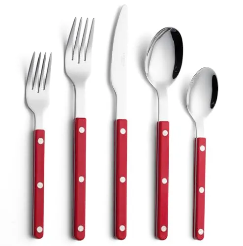 ANNOVA Besteckset, Retro/Nieten-Farbenfrohes Edelstahl-Geschirr Küchenbesteckset, enthält Tischmesser, Gabeln, Löffel, Salatgabeln und Dessertlöffel (Rot, 10 Stück)
