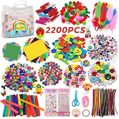 Withosent Bastelset Kinder, 2200+PCS DIY Basteln Bastelkoffer Bastelbox, Bastelfilz Bastelsachen Bastelpapier Bastelmaterial Bastelbedarf Bastelkiste Scrapbooking, Pfeifenreiniger, Pompons, Perlen