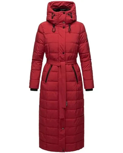 Navahoo Damen Wintermantel Steppmantel mit Kapuze & Taillengürtel - Dark Red Gr. XS - Stylischer, langer Steppmantel von Navahoo mit warmem Kunstfellkragen und verstellbarem Taillengürtel. Ideal für kalte Tage mit praktischen Taschen und bewegungsfreundlichem Schnitt.