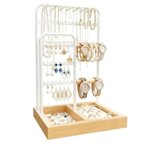 MinXin Schmuckständer, Schmuckhalter, Schmuckaufbewahrung, Schmuckkästchen für Halsketten Armbänder Ohrringe Ohrstecker Ringe, Metallrahmen mit Samt