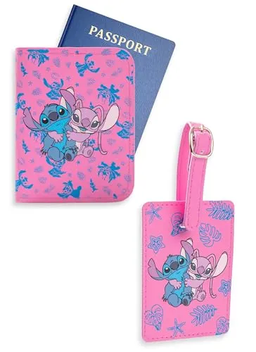 Disney Lilo & Stitch Stitch & Angel Pink Wallet Geschenkset | Reisedokument Organizer | Unisex Kinder Zubehör mit Blattmuster | Retro Cartoon Style Merch