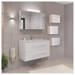 Lomadox Badmöbel-Set HARLINGEN-02, (Spar-Set, 5-St., Waschtisch Spiegelschrank Hängeschränke), weiß, 2 Schubladen, LED Aufsatzleuchte, 100 cm breit weiß 101 cm x 200 cm x 47 cm