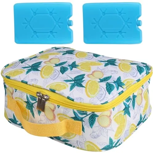 Gelbe Kühltasche 4L mit Zwei Kühlakkus, isolierte Lunchbox, Thermotasche, Picknicktasche, Lunchbox Tasche, leicht, tragbar, ideal für Arbeit, Schule, Reisen und Picknick (Gelb – Zitronen)