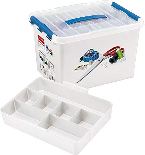 Sunware Q-line Nähbox mit Einsatz 22L transparent weiß blau - 40 x 30 x 26 cm - Aufbewahrungsbox für Nähzubehör mit Deckel stapelbar